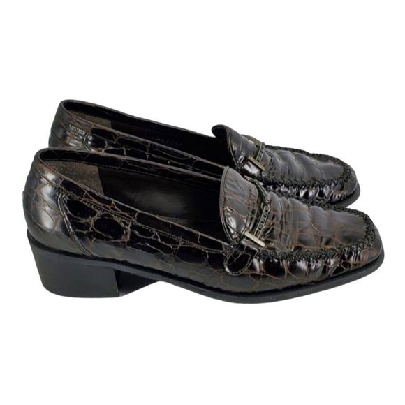 Stuart Weitzman Croc Embossed Patent Leather Brown Low Heel Loafers Womens 7M - Picture 3 of 11